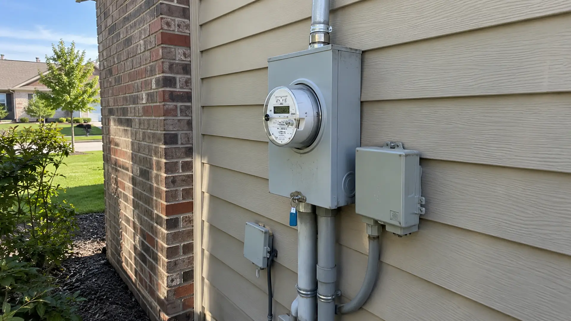 Electrical utility meter and metal conduit on the side of a brick home